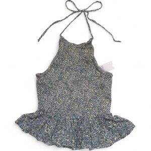 Smocked Halter Peplum Tank Top in Blue Floral